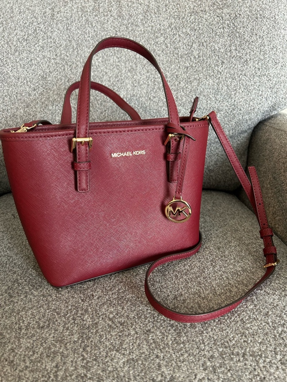 Michael Kors Wine Saffiano Leather Satchel with Gold Hardware